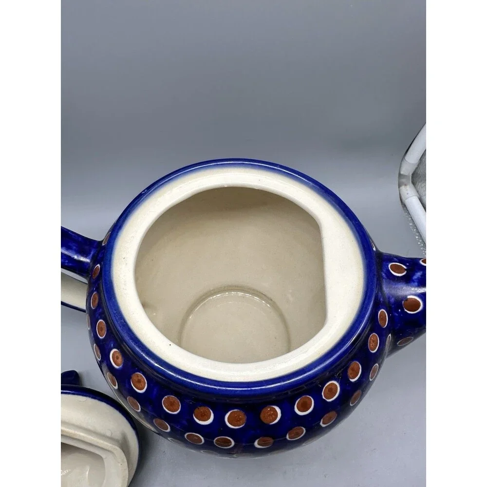 Boleslawiec Polish Pottery Teapot Red Peacock Eye Bird Finial Lid Large 9”